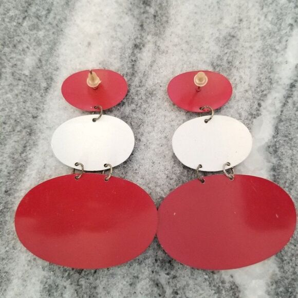 Vintage Red and White Enamel Post Earrings, Huge Holiday Statement Drops, Retro - Picture 2 of 4